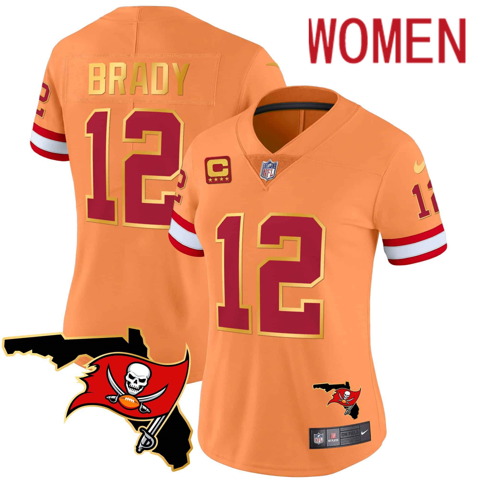 Women Tampa Bay Buccaneers 12 Brady Oragne 2024 Nike Florida Patch Gold Trim Vapor NFL Jersey